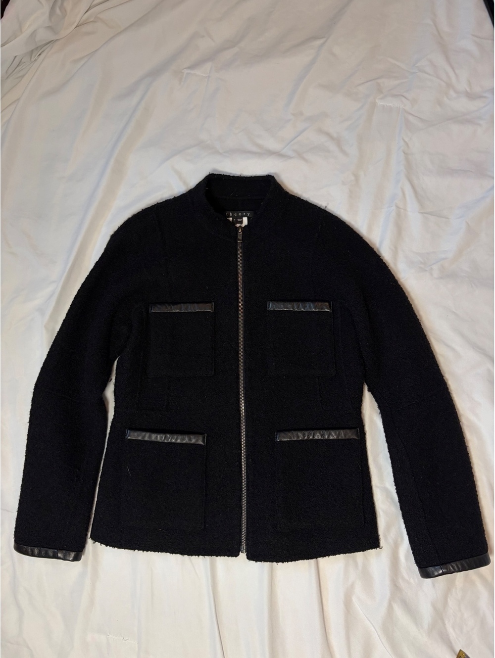 Theory Black Wool Lambskin Leather Trim Zip Jacket Women’s Size 6